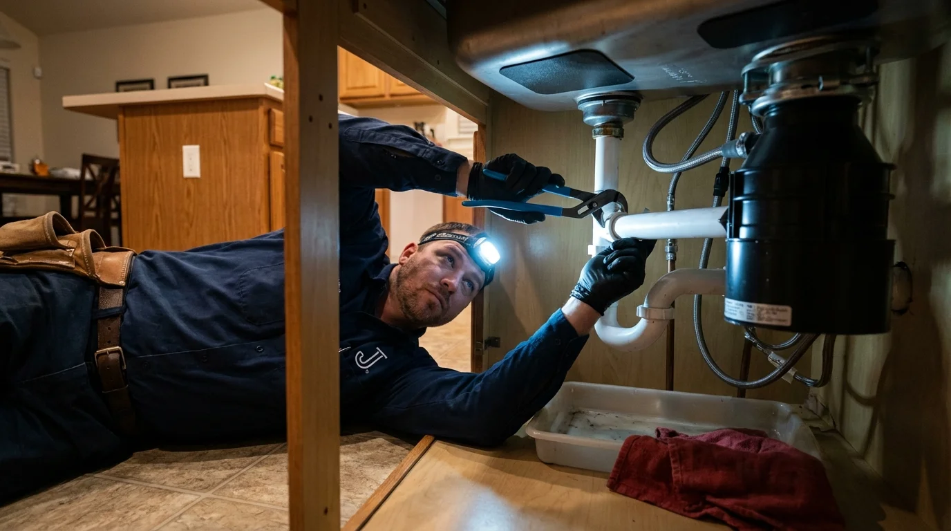P-trap and supply line connections under a kitchen sink showing a common leak point in Blacksburg, SC